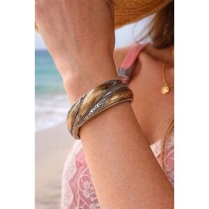 Vintage Gold Tone Hinged Bangle Bracelet Crossover Chunky Retro